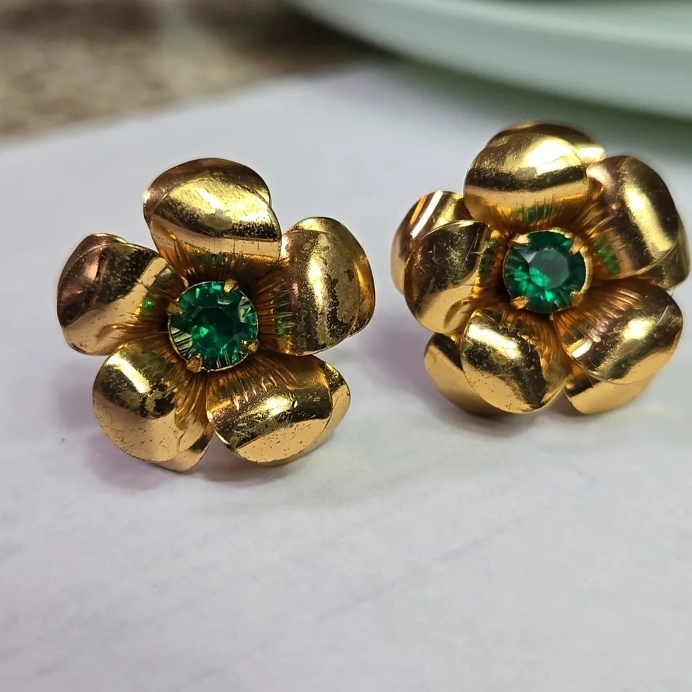 Coro Gold Tone 3D Flower Earrings with Green Stone